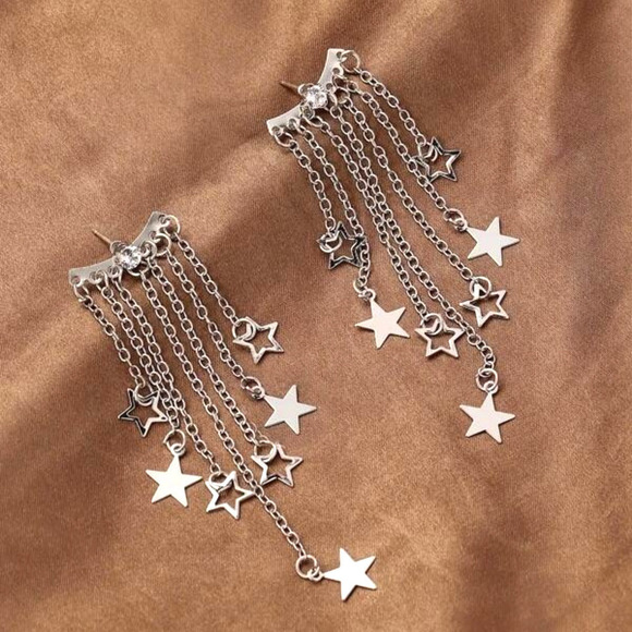 Star Silver Dangle Earrings Removable Jacket Hypoallergenic Dangles Chain Stars - Picture 3 of 4